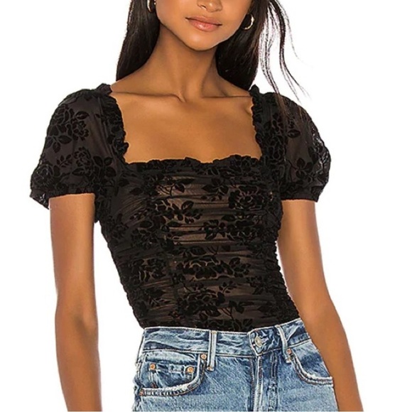 MARJORELLE Revolve S BK CHEEKY Julius Velvet Burnout Thong Bodysuit Puff Sleeve - Picture 2 of 11